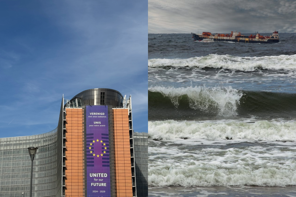 European Commission's building on one side and sea with transportation ship on the other